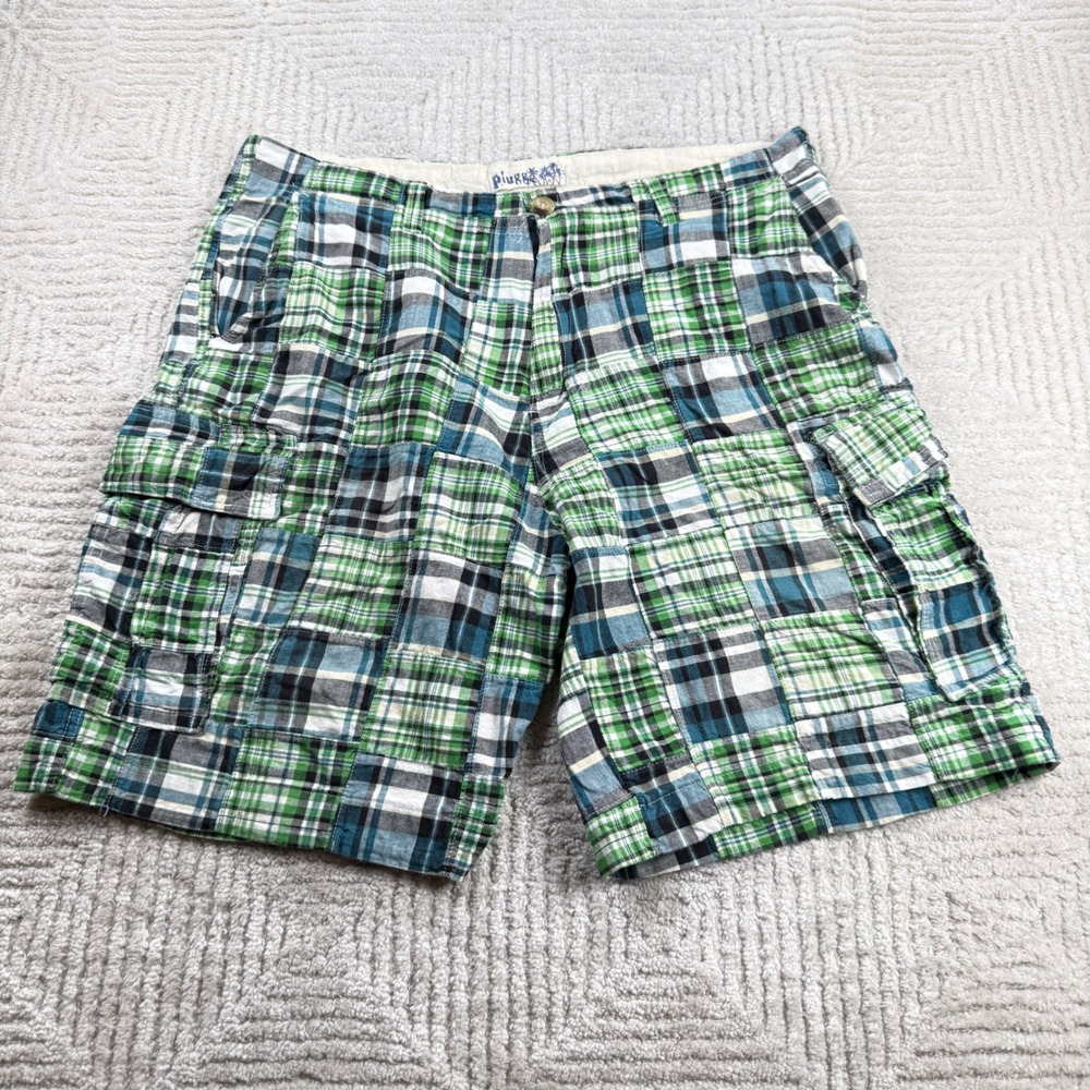Vintage Plugg Patchwork Plaid Cargo Shorts Mens 38 Madras Preppy Gorpcore Y2K